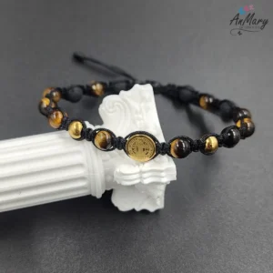 pulsera protección piedra ojo de tigre y acero quirurgico san benito hombre
